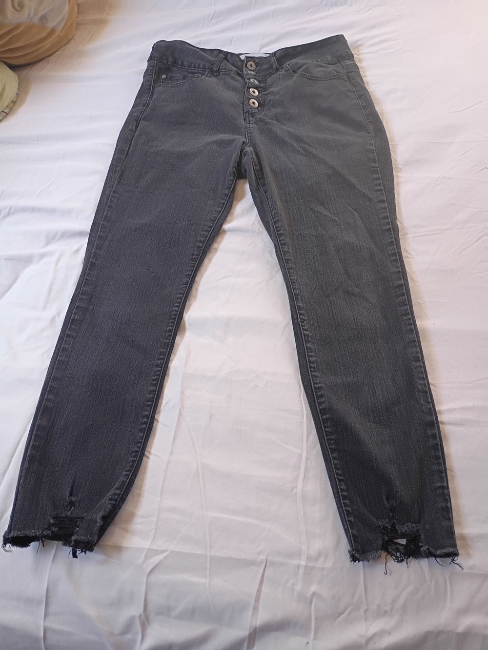 Womens Gray Distressed Button-Fly Jeans